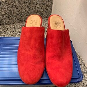 Red genuine suede 3 in mules. Normal wear
